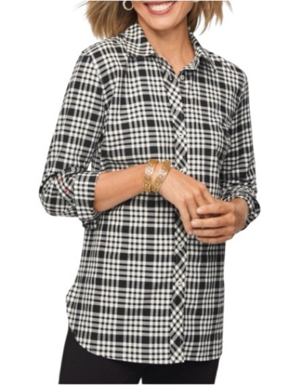 Talbots Pencil Plaid Long Sleeve Button Up Blouse Size LP